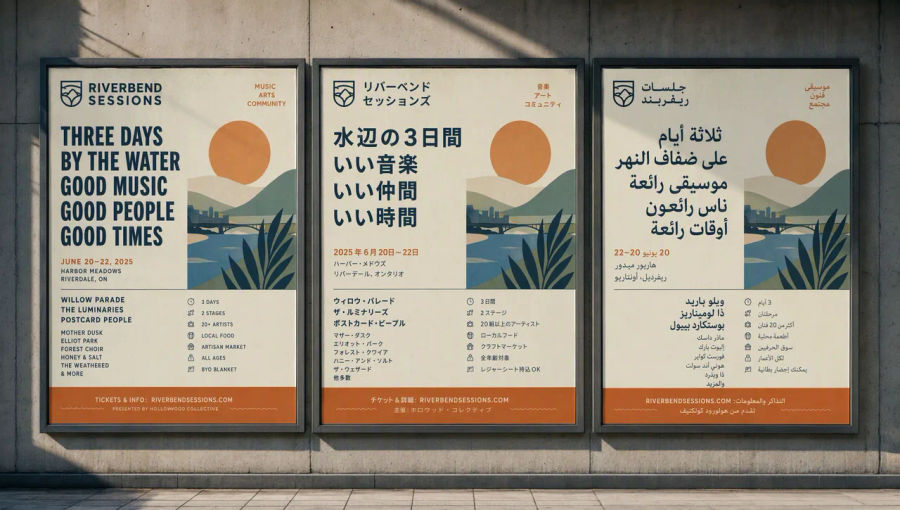 Dasselbe Verkehrsplakat dreimal angelegt, auf Englisch, Japanisch und Arabisch