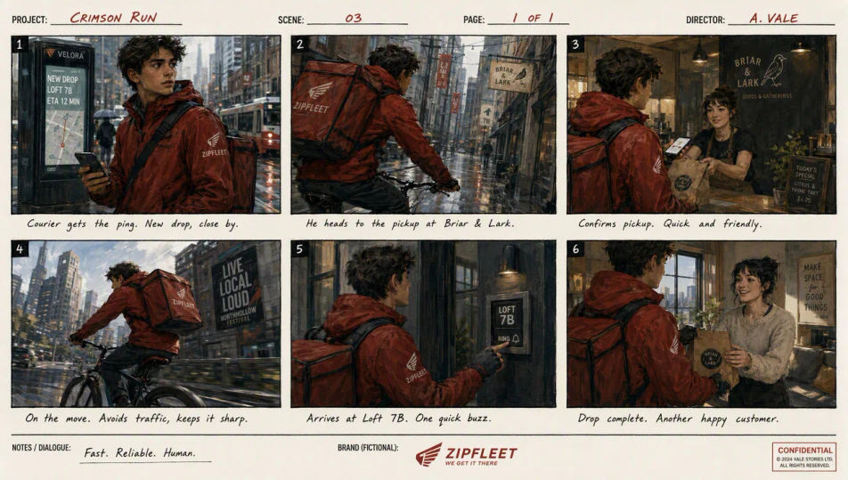 Sechs Storyboard-Felder mit demselben Kurier in roter Jacke, durchgehend in einem gemalten Stil