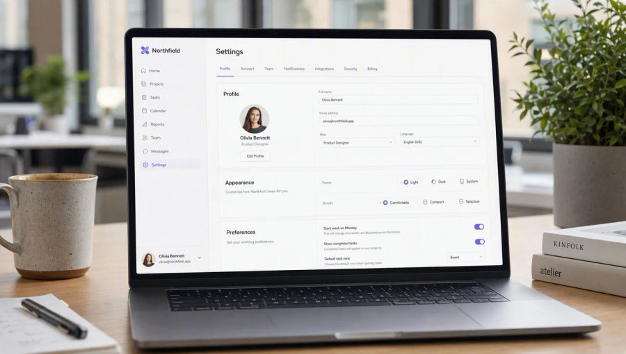 Ein Mockup eines Einstellungsbildschirms auf einem Laptop mit korrekt geschriebenen Interface-Beschriftungen