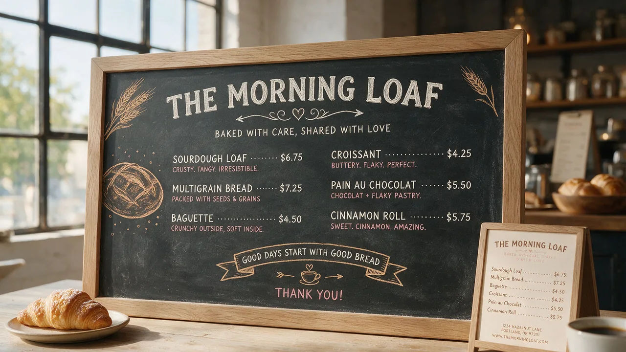Eine Menütafel einer Bäckerei mit sechs Positionen und Preisen in sauberen Kreideschrift-Spalten