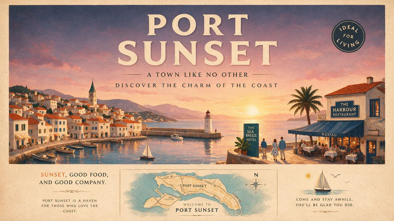 Ein Vintage-Reiseplakat einer Hafenstadt im Abendlicht, der Titel quer über dem oberen Rand