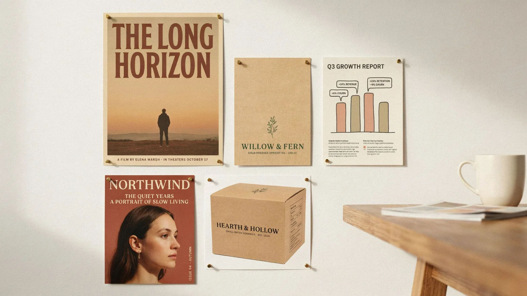 Eine Studiowand mit fertigen Arbeiten: ein Filmplakat, ein Produktetikett, eine Wachstums-Infografik, ein Magazincover und eine Verpackung, überall mit lesbarer Schrift