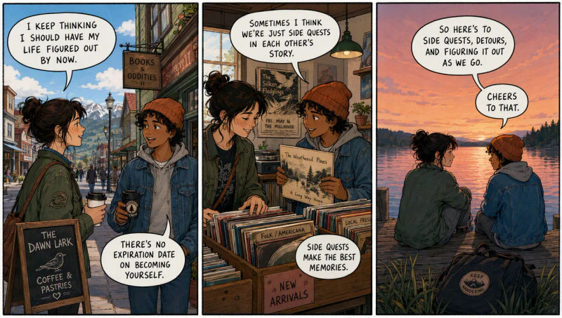 Ein Comicstrip in drei Panels mit handgelettertem Sprechblasentext in Tusche und flachen Farben