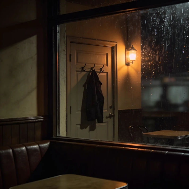 A dim late-night cafe with a coat hanging on the door and rain on the window
