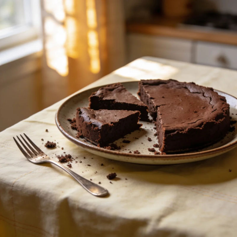 A chocolate cake with three slices already gone and a fork on the tablecloth