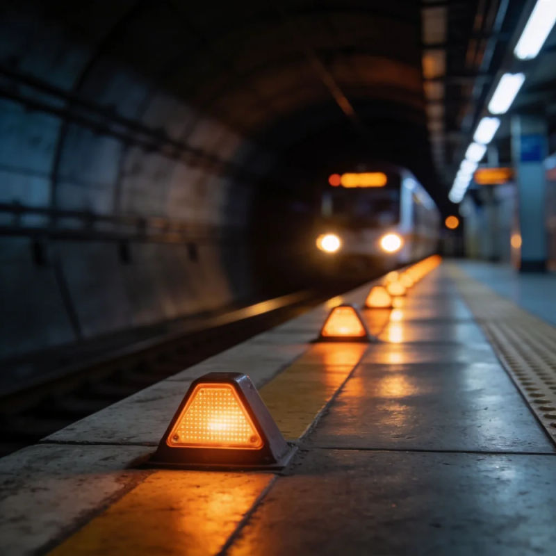 An empty underground platform with amber edge lights and a train glowing in the tunnel