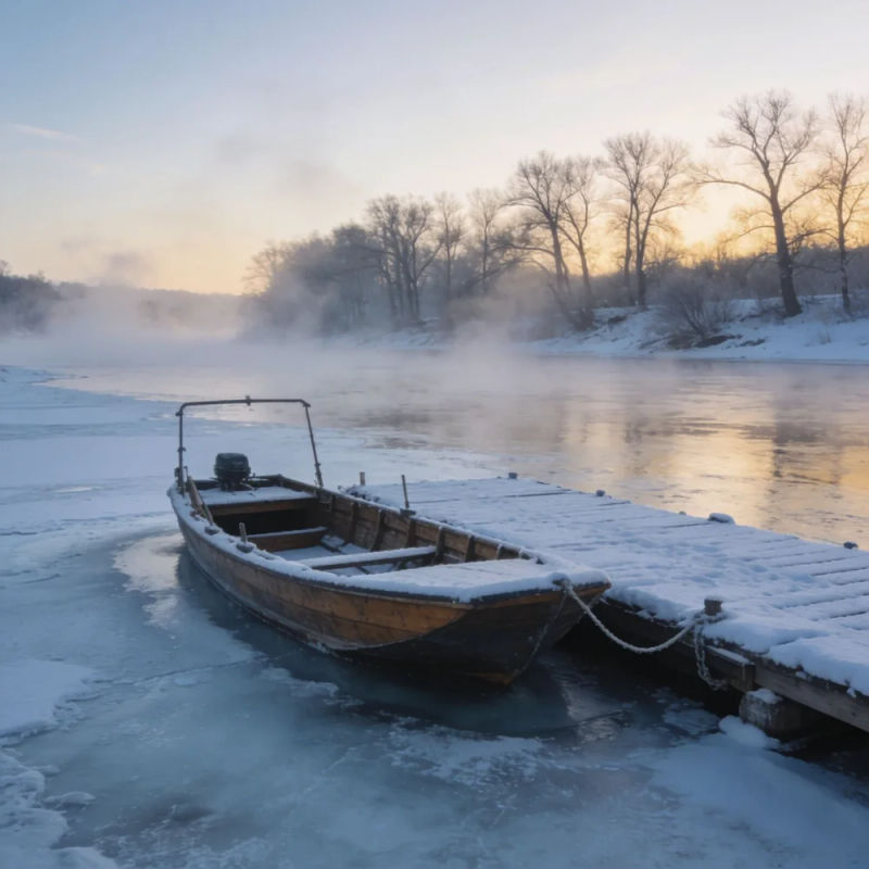 A small ferry tied to a snowy dock on an iced-over river at dawn