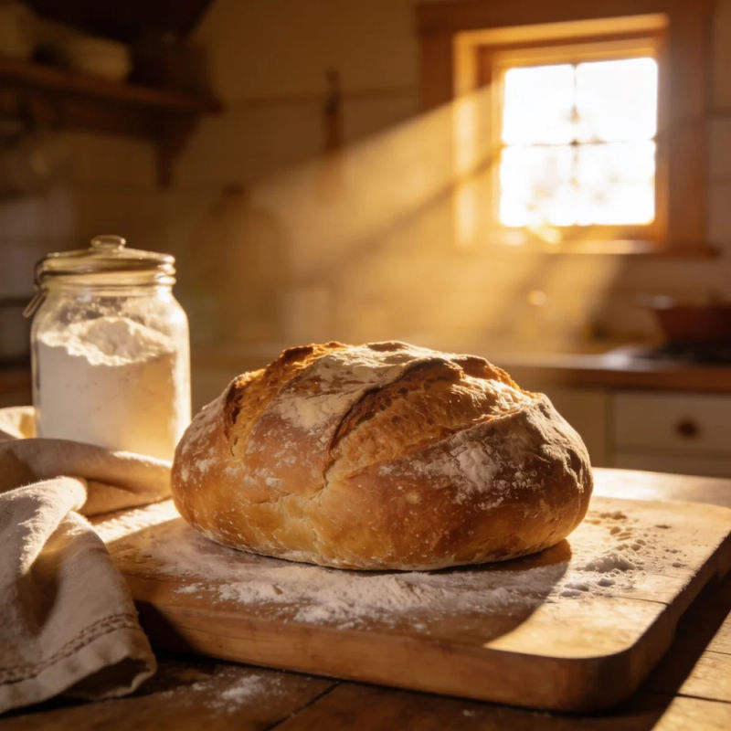 A rustic homemade loaf on a floured board in a sunny farmhouse kitchen