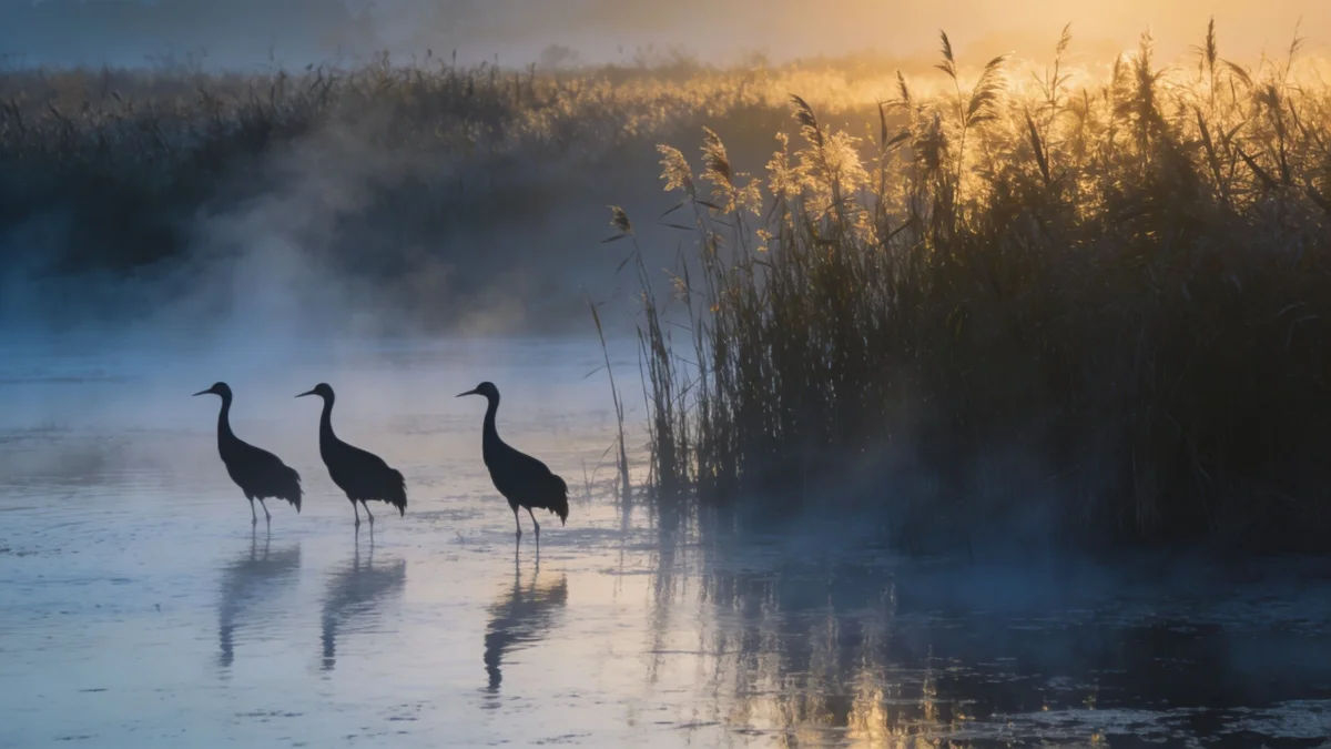 Cranes in silhouette in a misty marsh at first light