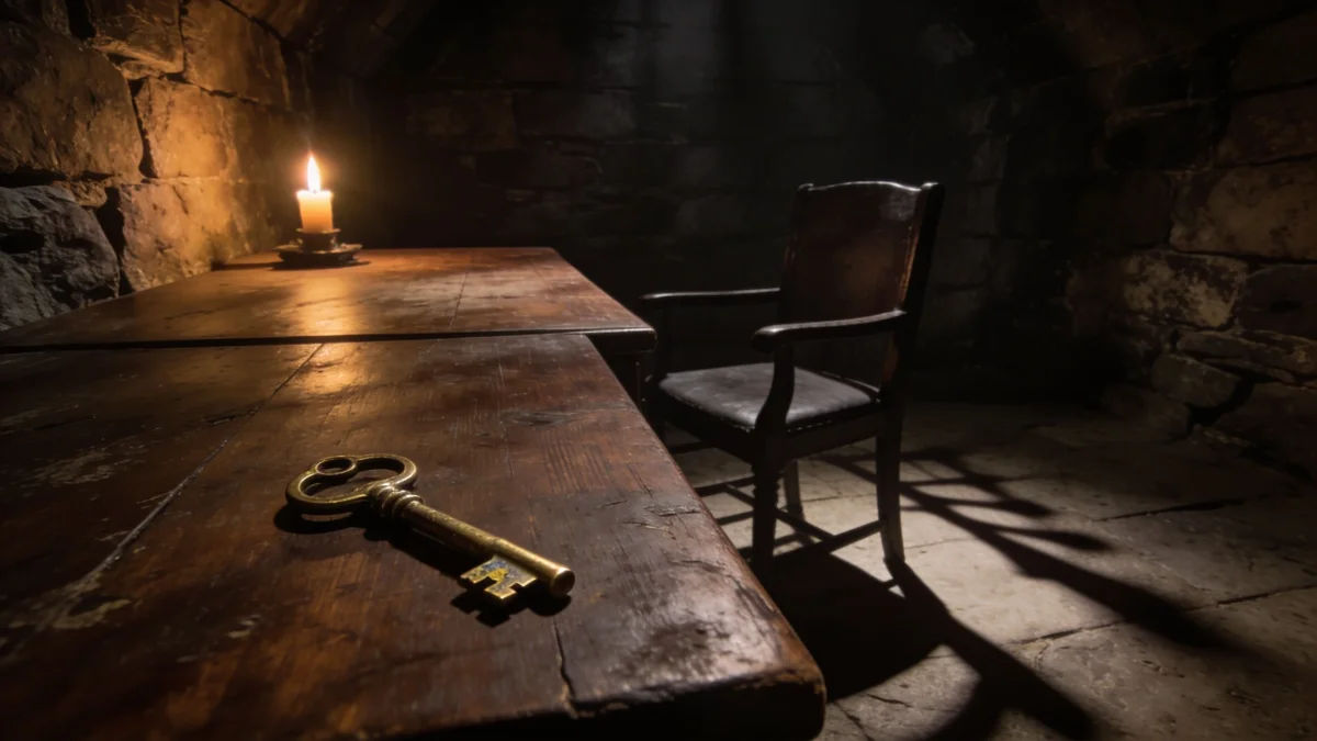 A brass key on a desk in a candlelit stone chamber, one chair pulled out