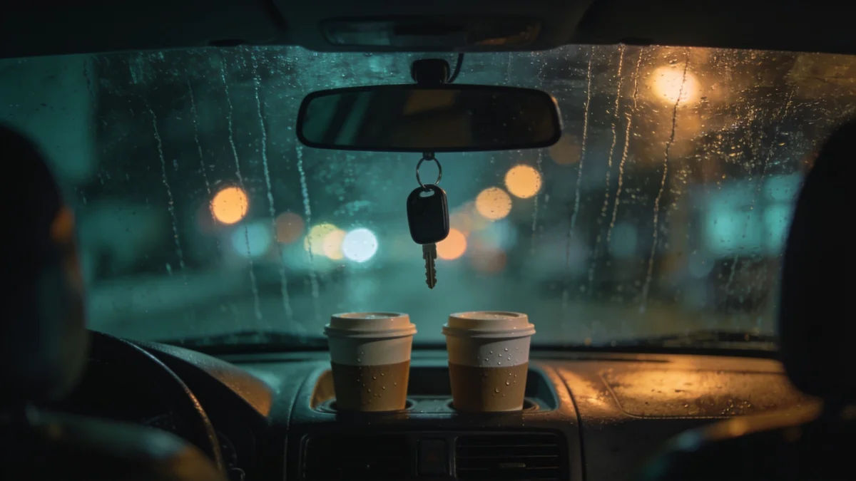 A parked car at night with keys in the ignition and rain on the windshield