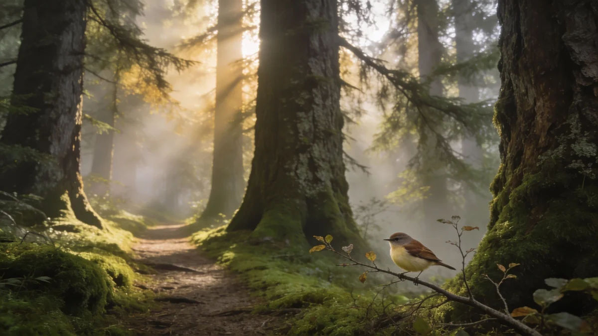 A mossy cedar forest path in morning mist with a songbird on a branch