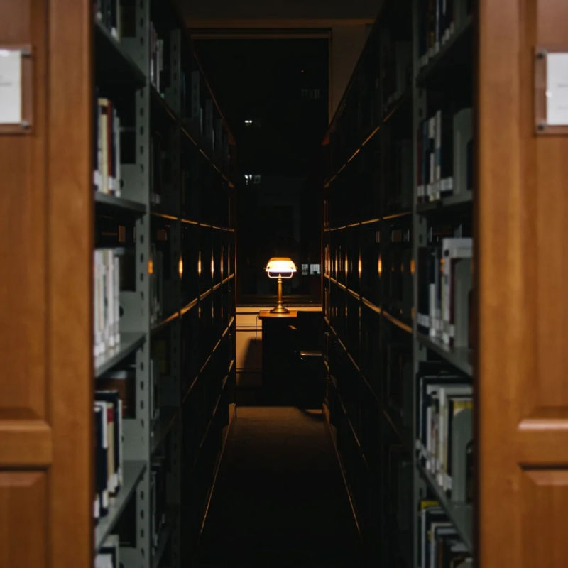 A dark library aisle with one brass reading lamp glowing at the far end