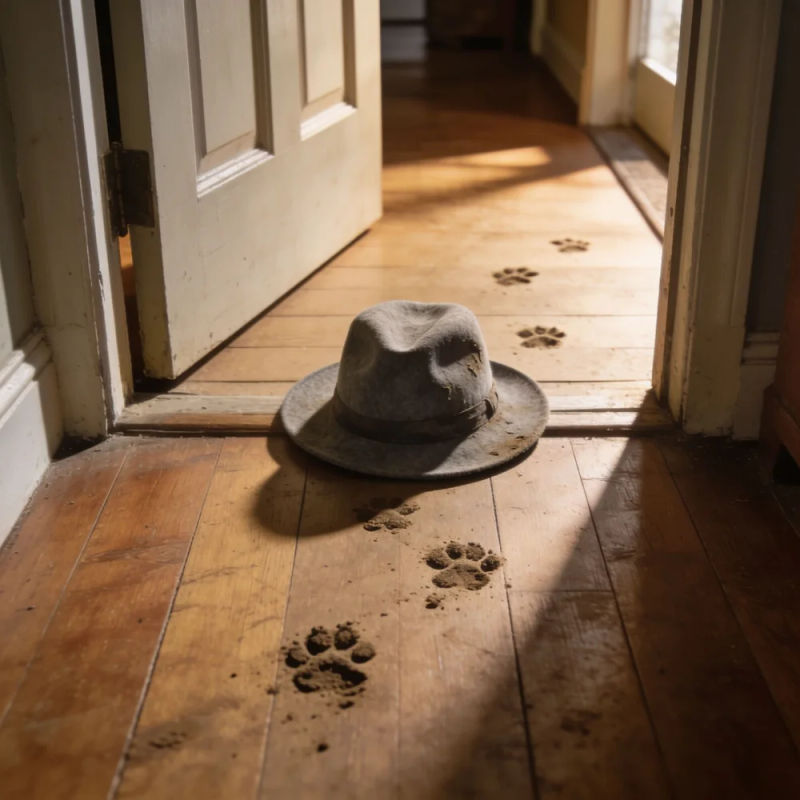 A worn felt hat on a hallway floor beside an open door, paw prints leading to it
