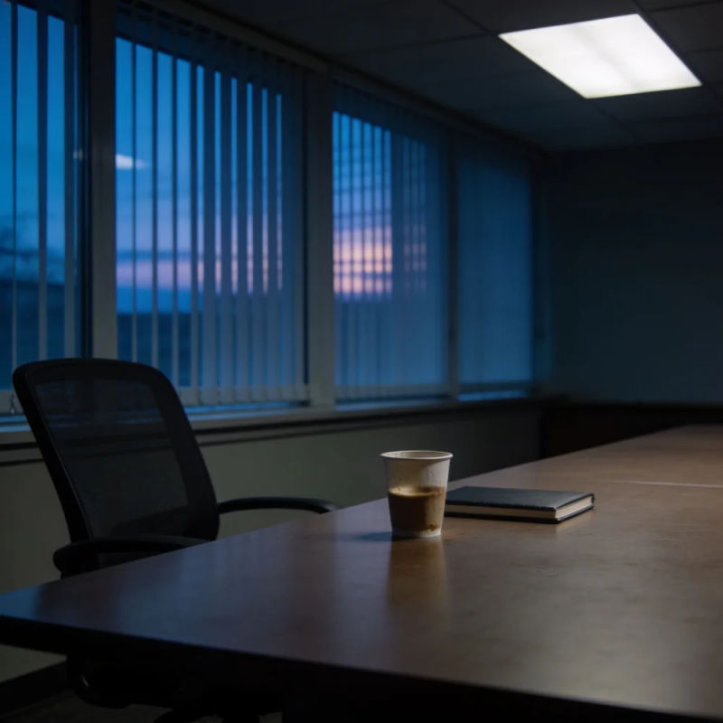 An empty meeting room at dusk with one chair pushed back and a cold coffee