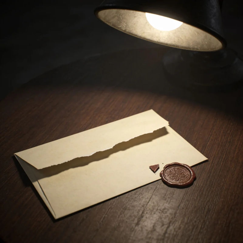 A torn-open empty envelope and a broken wax seal under a single lamp