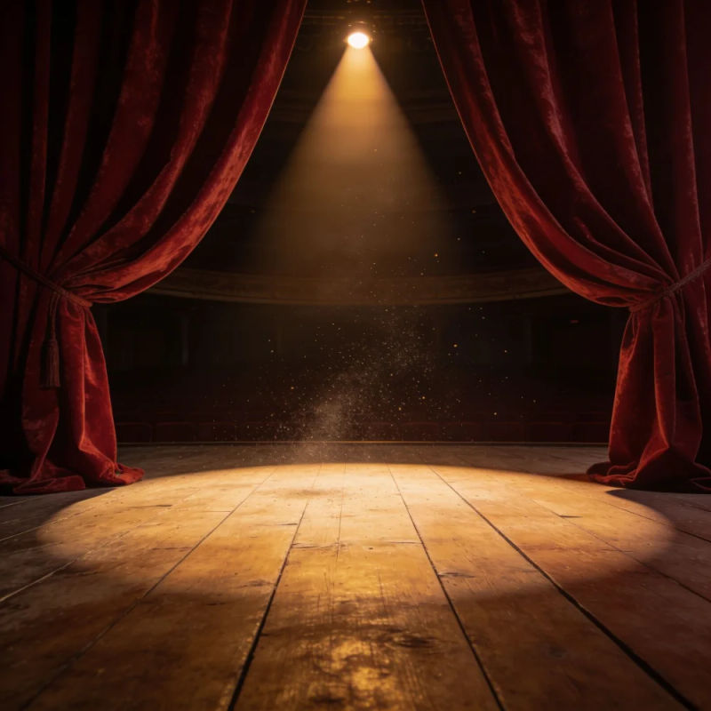 Deep crimson stage curtains half open around a warm spotlight on bare boards
