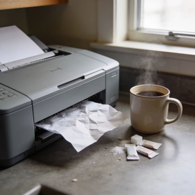 An office kitchen counter at dawn with a coffee mug and a jammed printer
