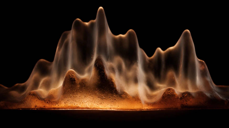 A sound-wave form carved in translucent amber glass, lit softly from within