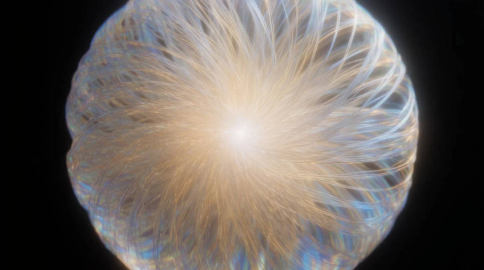 A glowing sphere with fine threads of light reaching outward in every direction