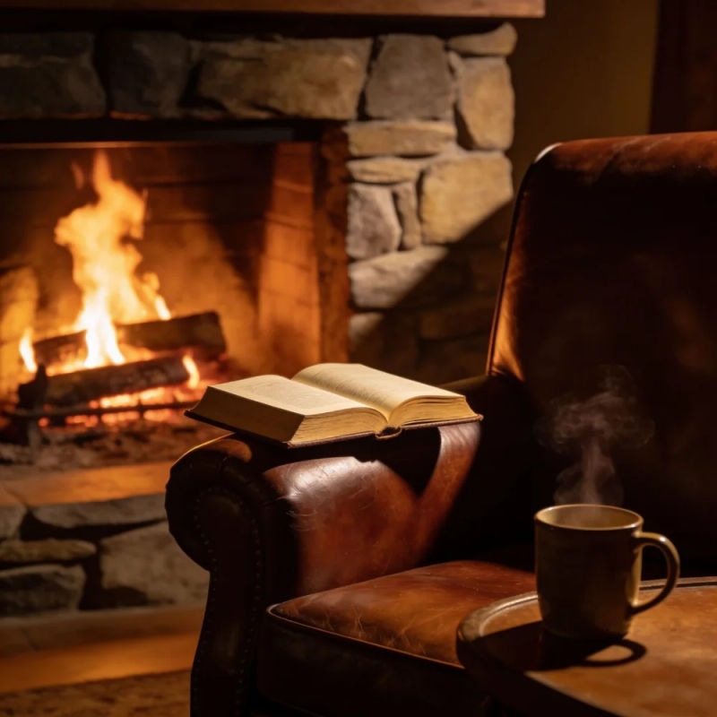 A leather armchair by a stone fireplace with an open book on its arm