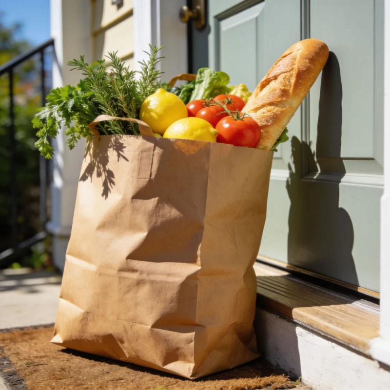 A paper grocery bag of fresh produce on a sunny doorstep