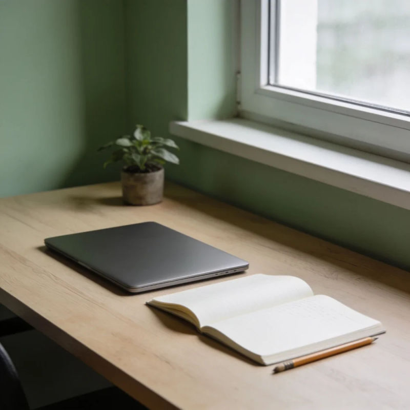 A tidy wooden desk by a window with a laptop, a notebook and a small plant
