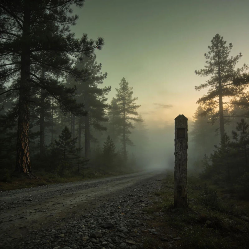 An unfinished gravel road ending in fog in a pine forest at dusk