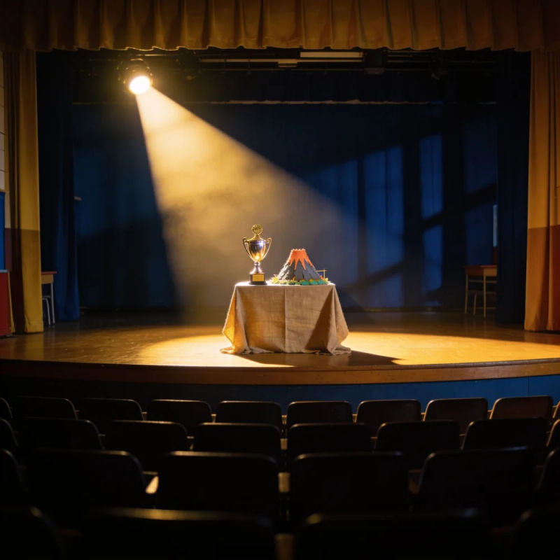 A school stage under a spotlight with a trophy and a model volcano on a table
