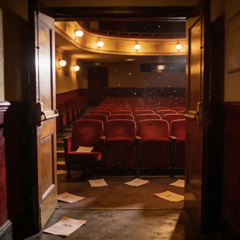An empty theater after the show seen through open foyer doors, programs on the floor