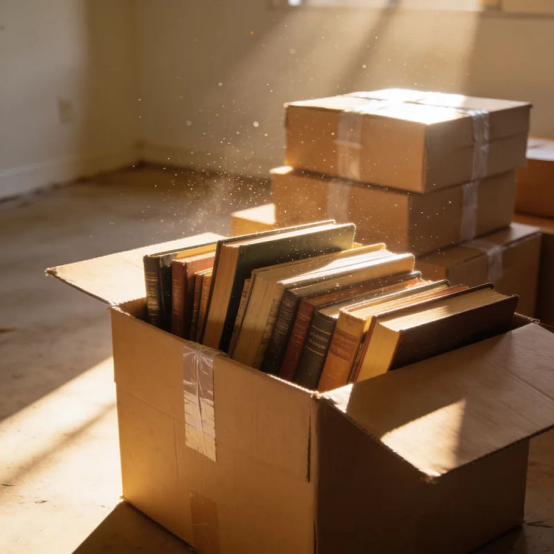 A moving box overflowing with books in an empty sunlit apartment