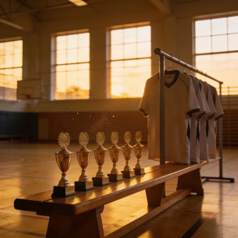 A row of small gold trophies on a bench in an empty gym at dusk