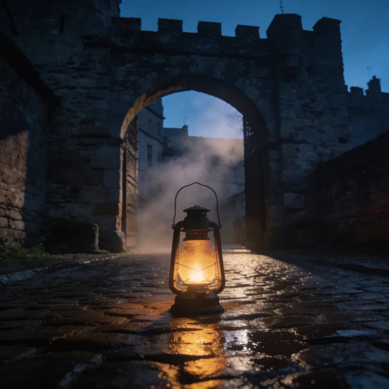 An old stone gate at midnight with an oil lantern glowing on wet cobblestones