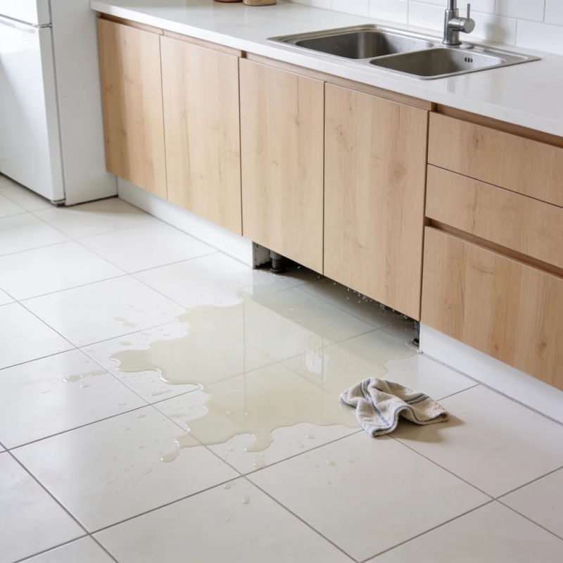 A new white kitchen with water spreading across the tiles from under the sink