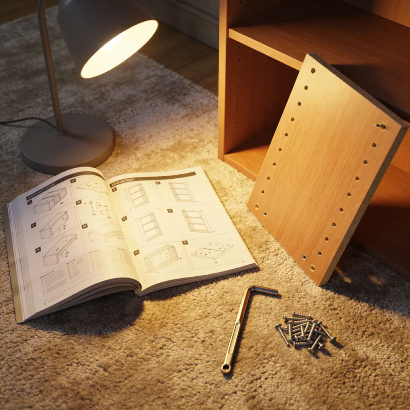 An open instruction booklet beside a half-built bookshelf with one shelf upside down