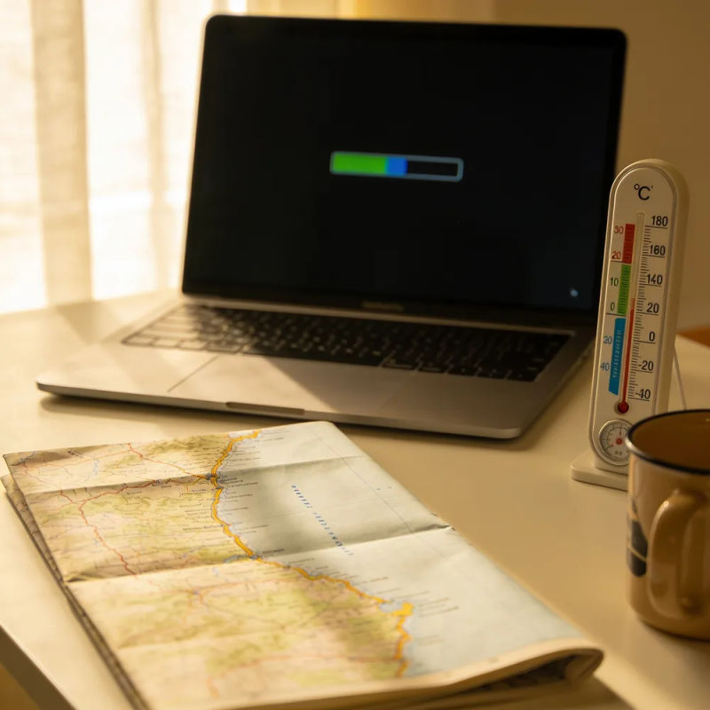 A tidy desk with a laptop progress bar, a folded coastal map and a thermometer
