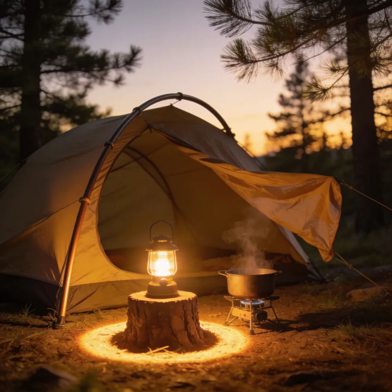 A half-collapsed tent in a pine clearing at dusk with a lantern on a stump