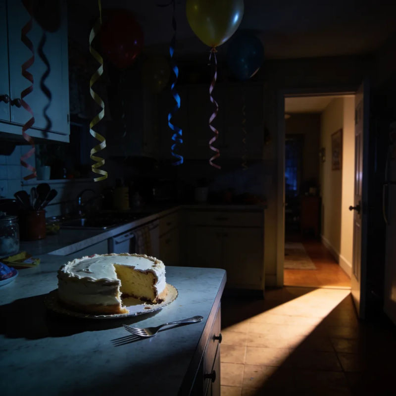 A dark kitchen set for a surprise party, a cake with a slice missing and light from an opening door