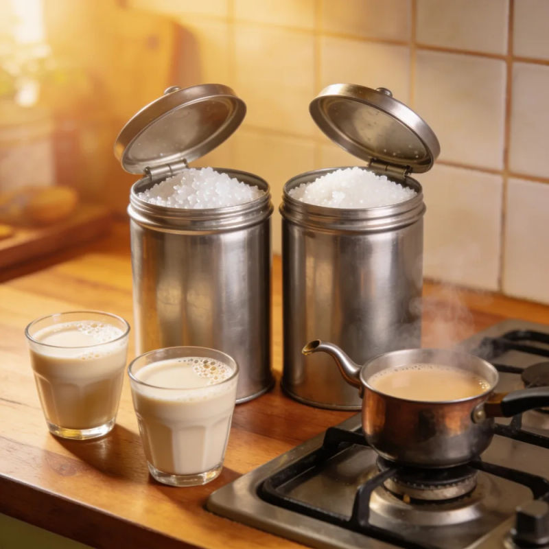 Two identical steel canisters, cups of milky tea and a steaming saucepan in a morning kitchen