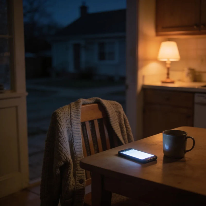 A cardigan over a kitchen chair at night beside a glowing phone and a single mug