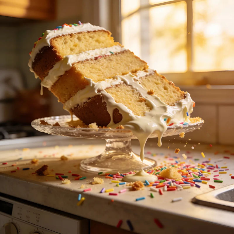 A three-layer cake leaning badly on a glass stand with frosting sliding off