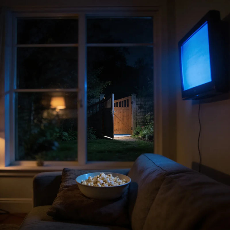 A living room at night with popcorn on the sofa and a garden gate standing open outside