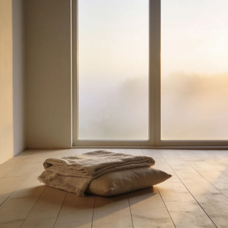 A folded blanket and cushion on a pale wooden floor in soft dawn light