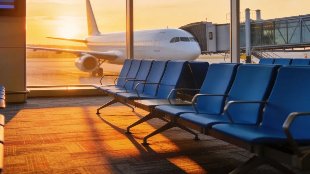 An empty airport gate at sunset with a plane at the jet bridge