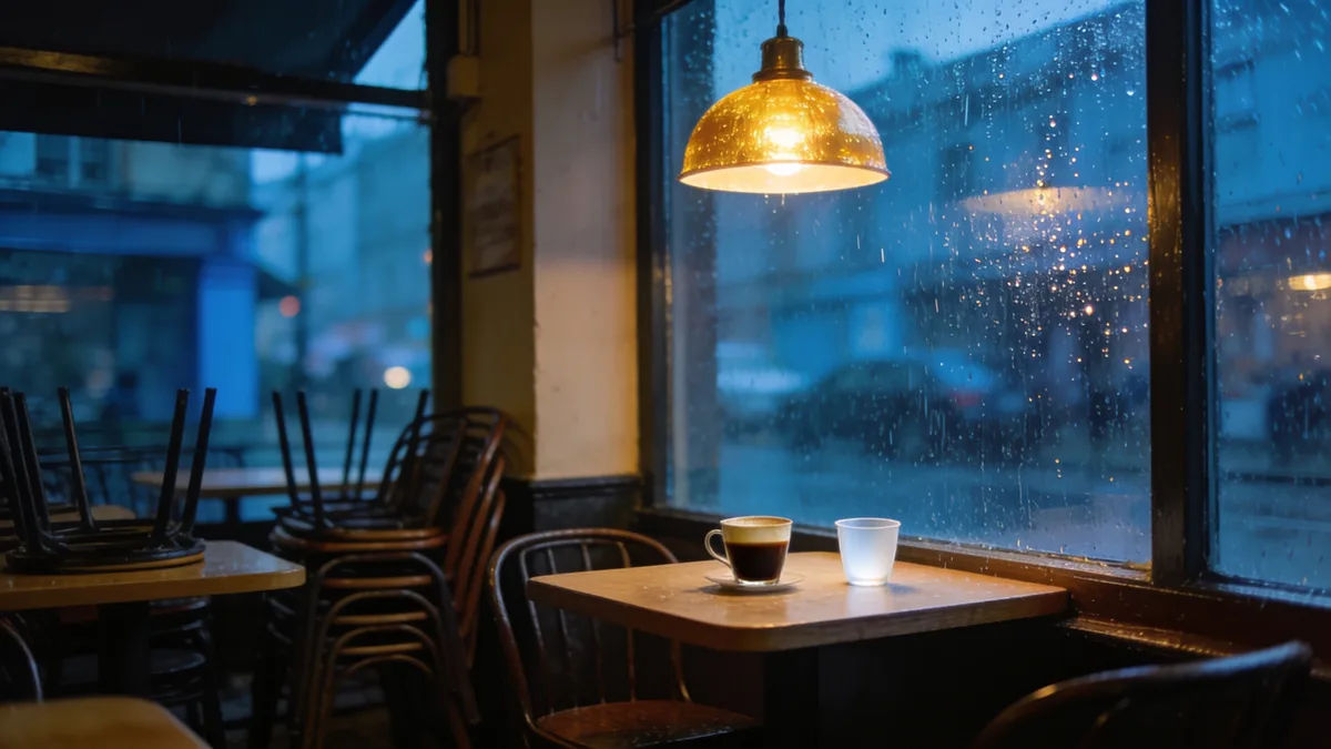 A café at closing time with two cups left on a table by a rainy window