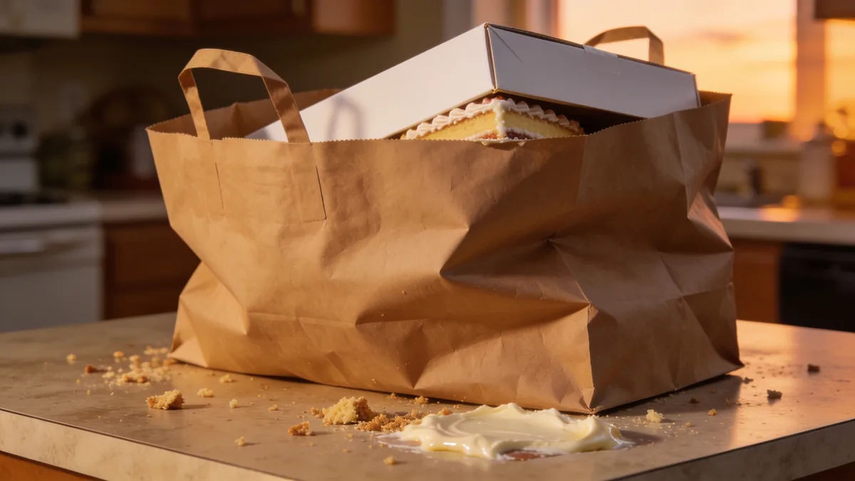A bulging paper bag on a kitchen counter with a cake box poking out of the top