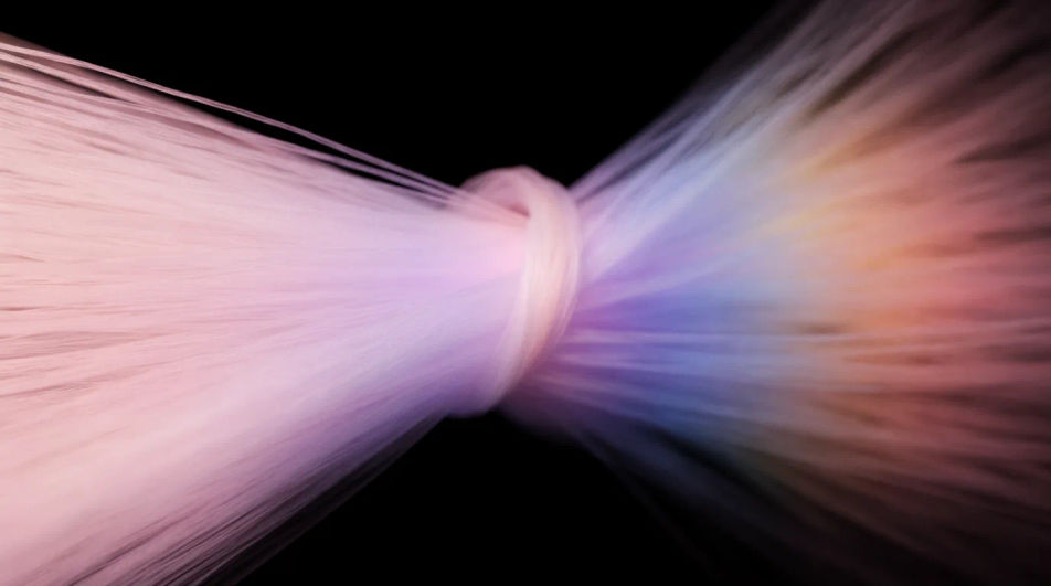 Fine threads of light converging into one glowing knot and fanning out in many colors