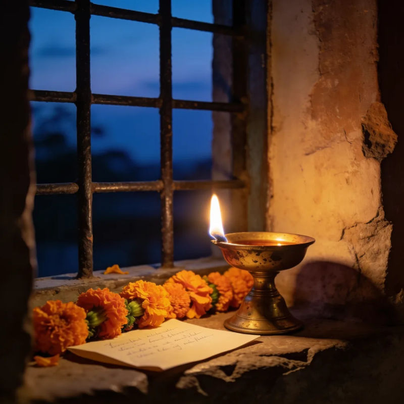 A brass oil lamp, marigolds and a folded letter on a stone windowsill at dusk