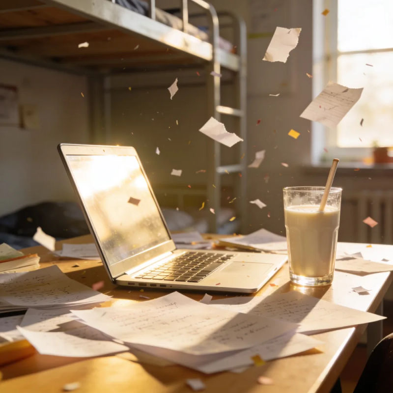 A hostel desk in morning light with a laptop, notes and torn paper flying like confetti