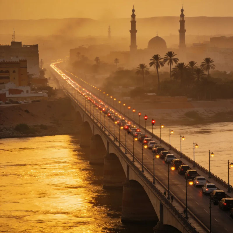 A river bridge jammed with traffic lights at golden hour, minarets in the haze